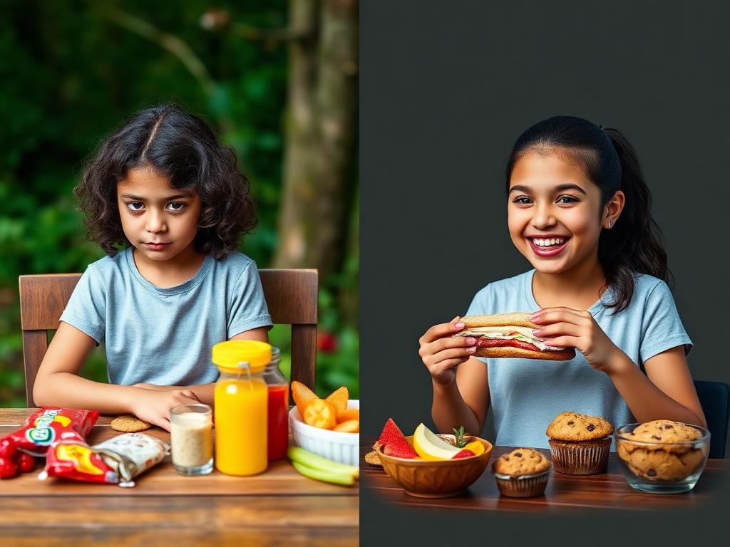 Comparación: niña antes comiendo comida procesada vs después comiendo saludable