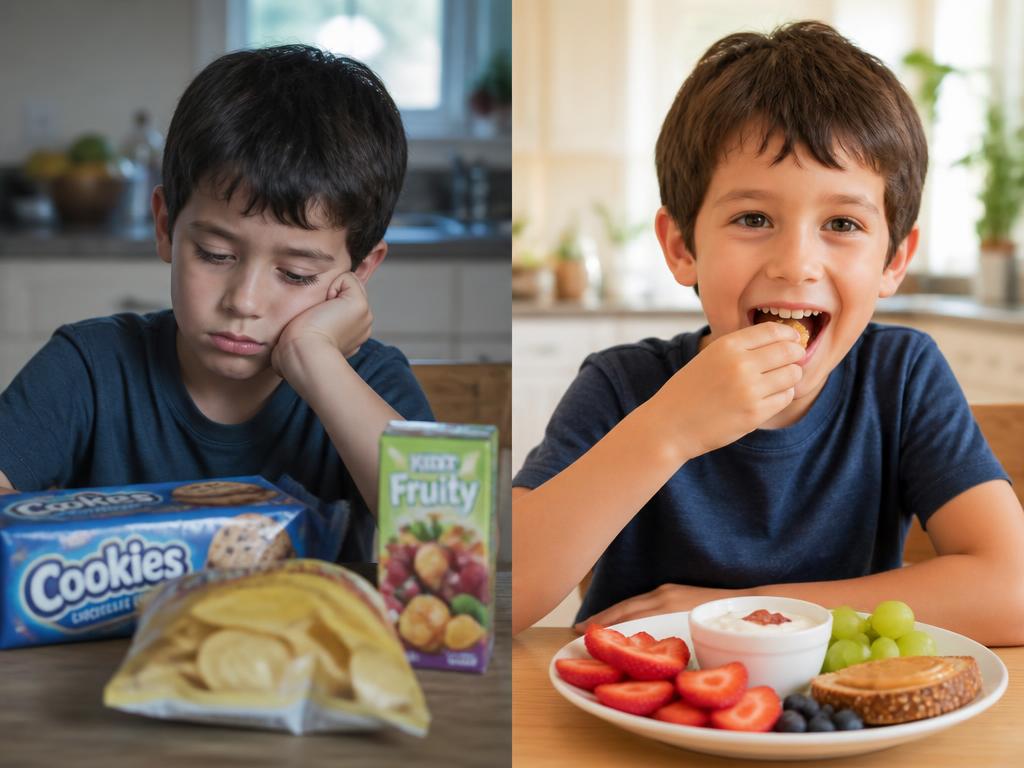 Comparación: niño antes comiendo comida procesada vs después comiendo saludable